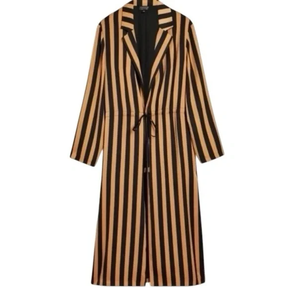 Topshop Women’s Black/Brown Size 8 Striped Duster Tie Waist - Picture 2 of 3